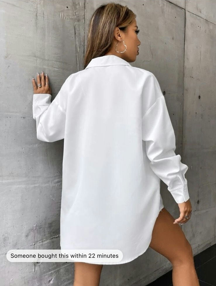 Solid drop shoulder button up oversized shirt-White-Xs