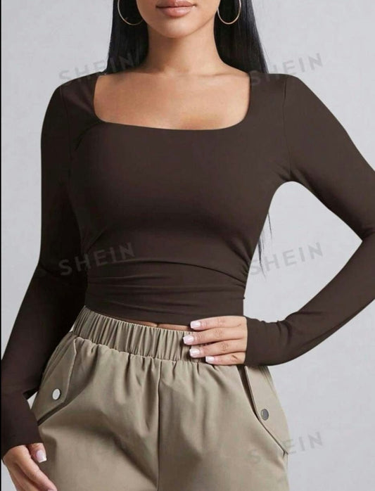 Square neck top-Coffee brown-Small