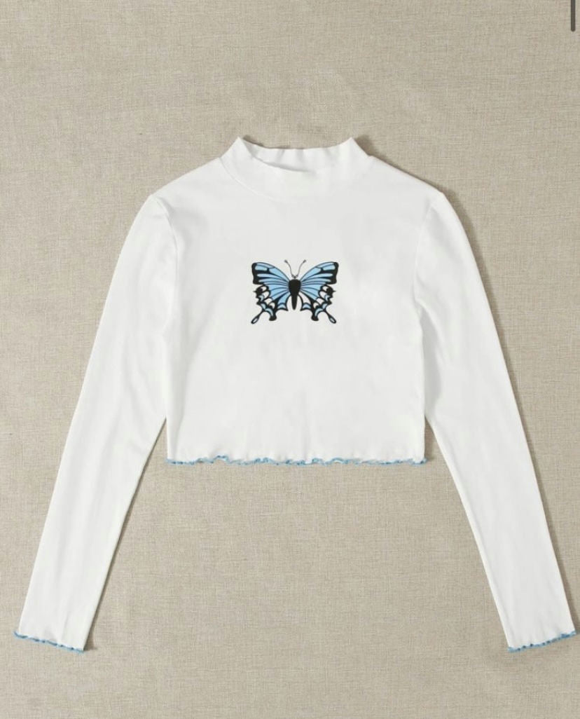 EZwear Butterfly Print Contrast Lettuce Edge-White -Small