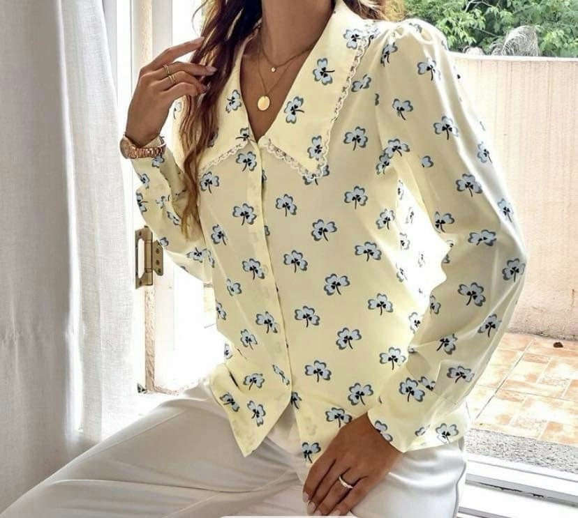 Simple Floral Print blouse -Off white/blue-Xsmall