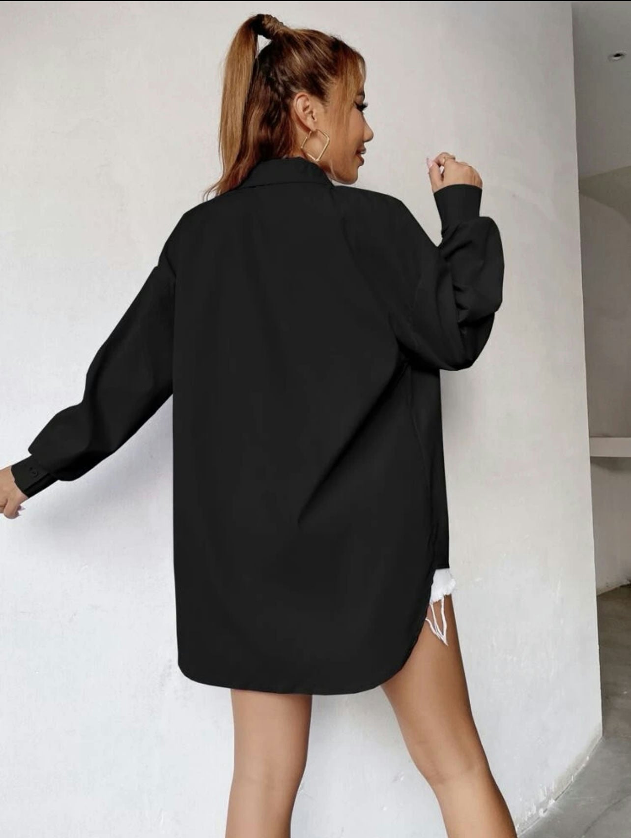 Solid Drop shoulder button up oversized shirt-Black-Xs/34