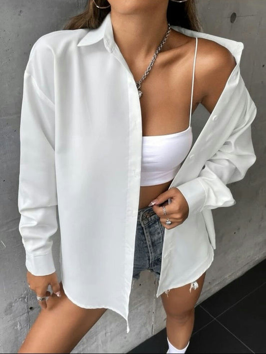 Solid drop shoulder button up oversized shirt-White-Xs