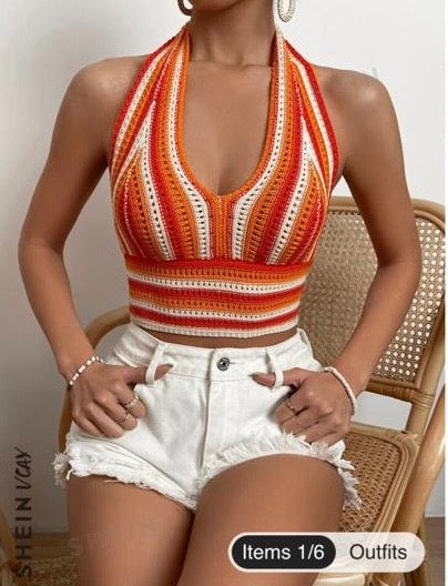 SHEIN VCAY Striped Pattern Backless Halter Knit Top-Orange-Small/medium