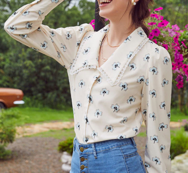 Simple Floral Print blouse -Off white/blue-Xsmall