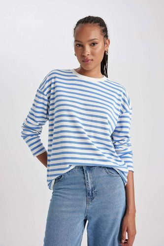 Blue Striped Crewneck Long Sleeve Top-Blue/White-Small (oversized)