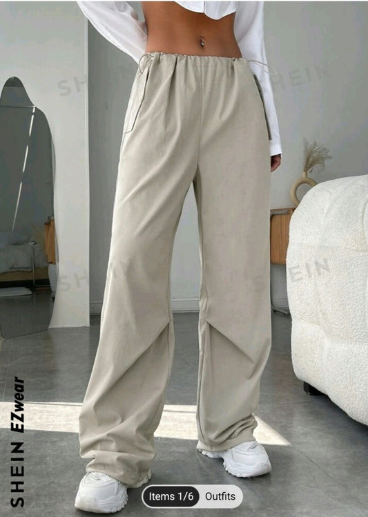 Drawstring waist Wide leg Pants-Apricot-M