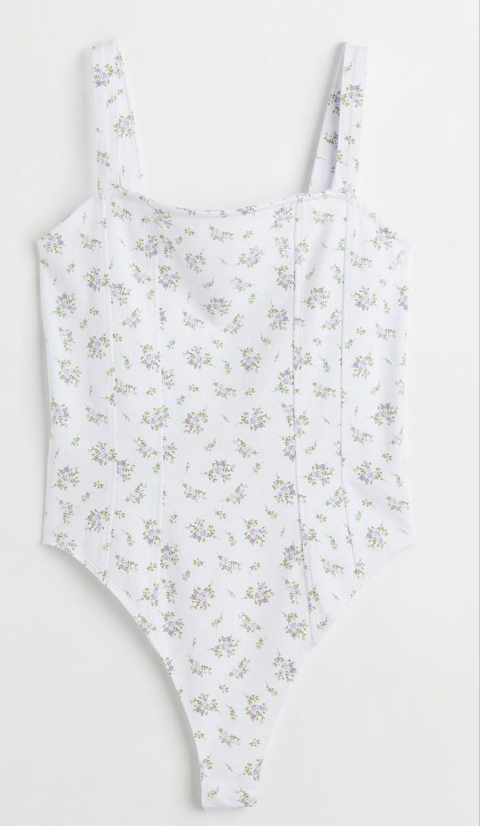 Bodysuit-White with purple flowers-Small