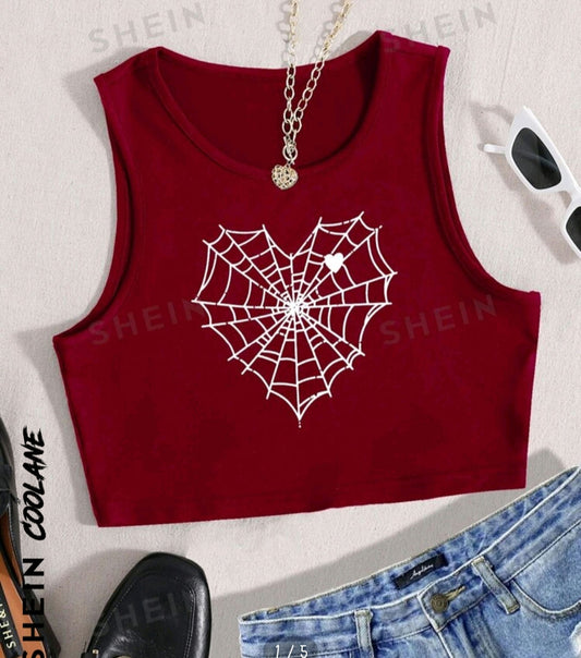 Coolane Heart And Spider Web Print Crop Tank Top-Red-Large