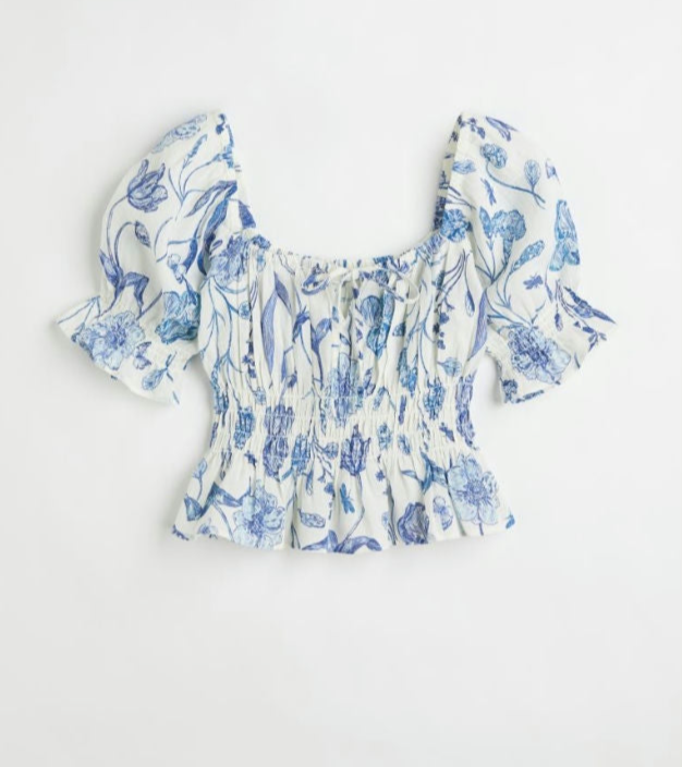 Puff sleeve top-Floral white and blue-Medium